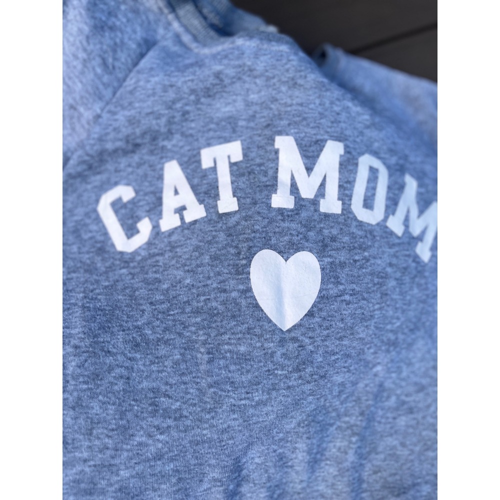 Cat Mom Graphic Sweatshirt Blue Gray Raglan Sleeve Heart Pullover Fleece Lined
